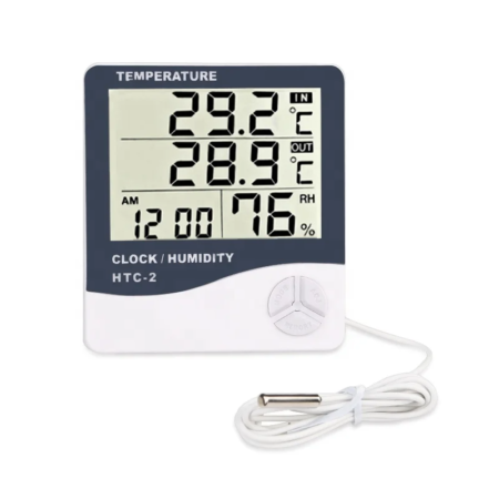 HTC – 2 Digital Thermometer Hygrometer Clock Calendar with Sensor Probe
